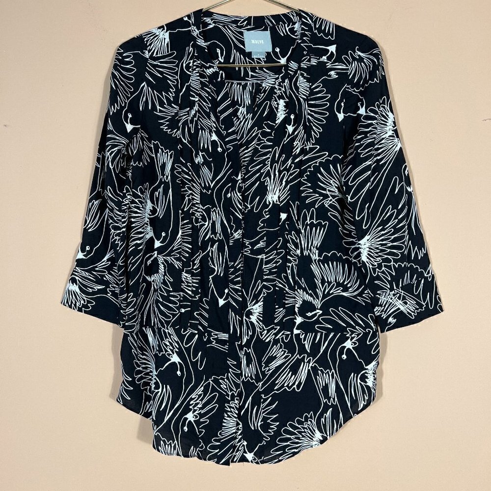 Anthropologie Maeve 3/4 Sleeve Black/ White Bird Print Blouse /Tunic Women's 0